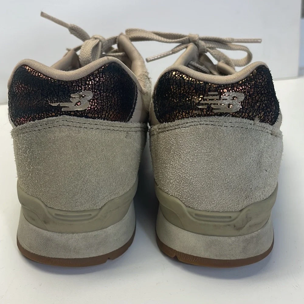 New balance 696 tan suede, herringbone fabric, bronze metallic crackled leather